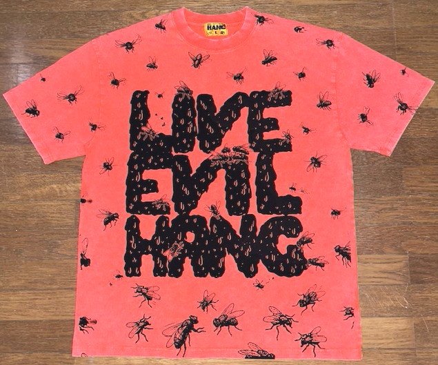 限定 【HANG ハング 犯具】 ヘビーオンス コットン生地 大判 フルプリント 半袖 Tシャツ ≪FLY & SHIT≫ (オレンジ) 蝿 ハエ はえ 糞 糞尿 うんこ ウンコ スケート スケーター パンク ロック ハードコア アンダーグラウンド｜JUNK HOUSE WEST