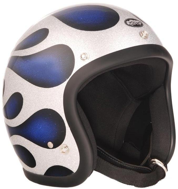 廃盤品の貴重なレアアイテム！ 【AVENGER HELMETS アベンジャーヘルメット】 ビンテージ フレーク塗装 ラメ塗装 フレイムス ファイヤーパターン ジェットヘルメット SG規格取得 「フリーサイズ 57cm～60cm」[シルバー&times;ブルー] 【DIN MARKET ディンマーケット】【SHM】｜JUNK HOUSE WEST