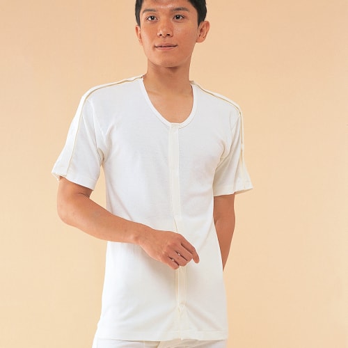 【楽天市場】メンズ 前開きシャツ 両肩腕開き5分袖 オフホワイト MLサイズ（紳士用）【綿100％】【丸首】男性用 介護肌着