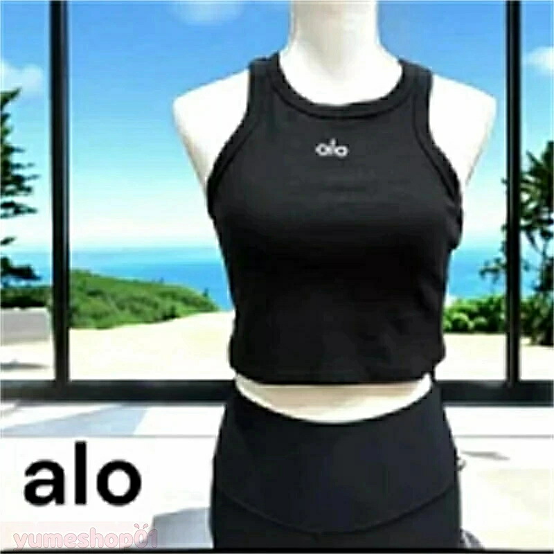 【alo】【Aspire Tank】アロー アスパイアタンクトップ 黒 black 白 ホワイト ロゴ クロップド丈 レディース Mサイズ リブオシャレ ファッション コットン ストレッチ ピラティス ヨガ ジム ウォーキング ランニング 海外輸入 海外品 プレゼント ギフト 【送料無料】 mu