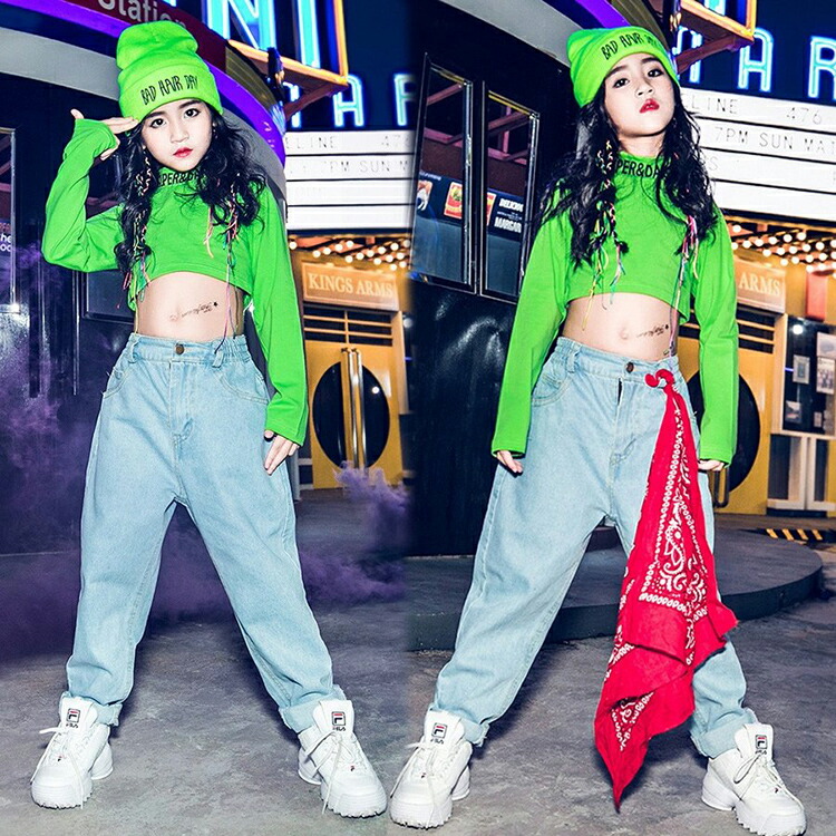 653円 96 Off ダンス ヒップホップ 子供 キッズ 衣装 女の子 ガールズ ジュニア ダンスウェア 原宿風 子供服 韓国風 シャツ Tシャツ 長袖 トップス デニム デニムパンツ ジーンズ ズボン ロングパンツ 舞台 ファッション 通学 可愛い 発表会 練習 緑 Hip Hop