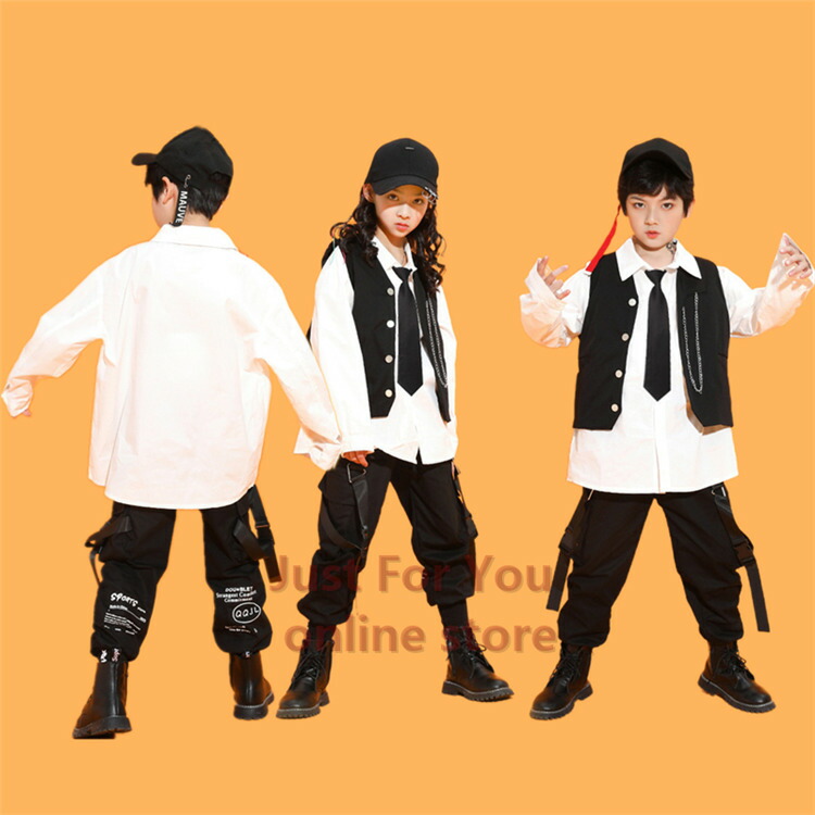キッズダンス衣装 セットアップ ヒップホップ ファッション ダンス衣装 キッズ 男の子 女の子 シャツ ベスト パンツ ネクタイ 4点セット K Pop 韓国 男女兼用 Sale 激安 ダンス衣装 キッズ ヒップホップ 4点セットアップ キッズダンス衣装 Hiphop キッズ 原宿ファッション
