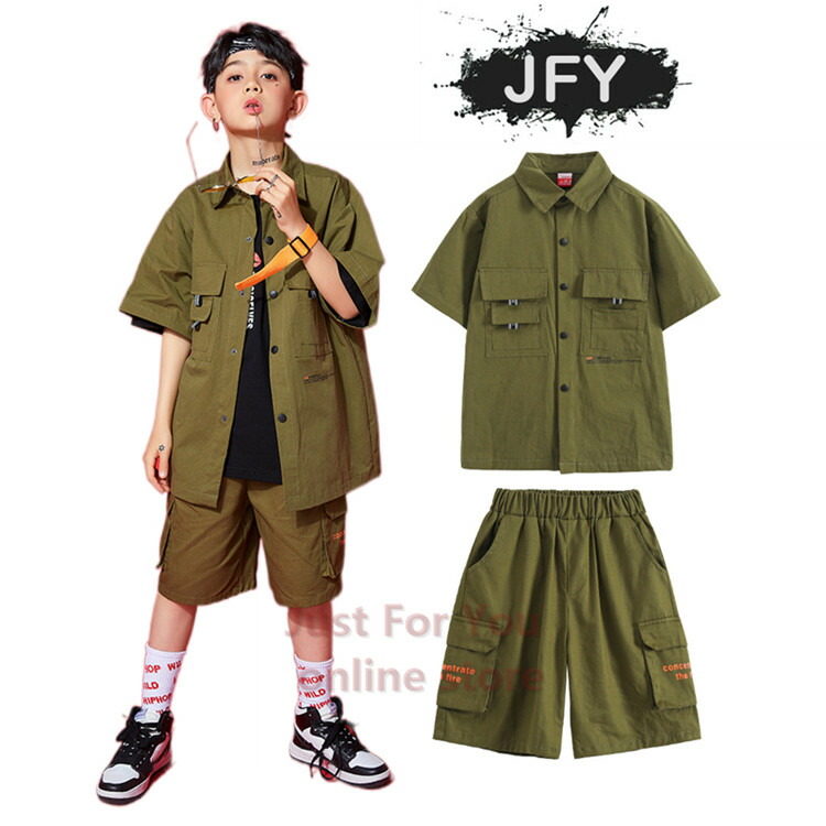 韓国 子供服 ダンス 衣装 キッズ ヒップホップ 半袖 シャツ カーキ ハーフパンツ ヒップホップ 男の子 原宿ファッション レッスン Tシャツ パンツ Hiphop Jazz セール 激安 Devils Bsp Fr