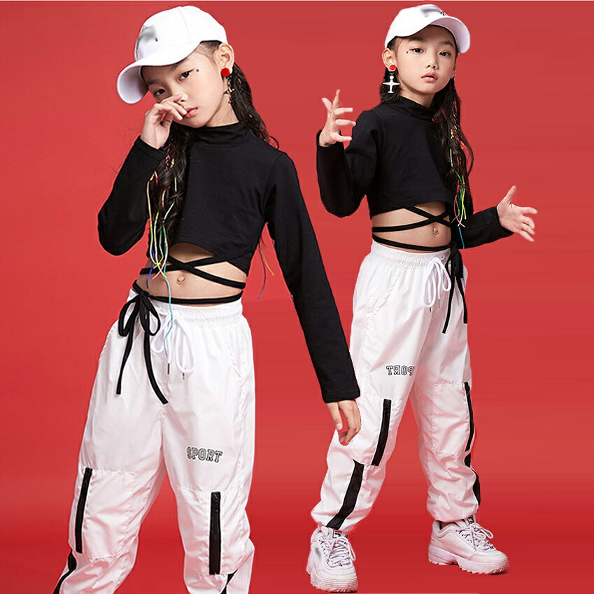 キッズ ダンス 衣装 セットアップ HIPHOP ヒップホップ へそ出し 女の子 長袖ｔシャツ 子供 ジャズダンス