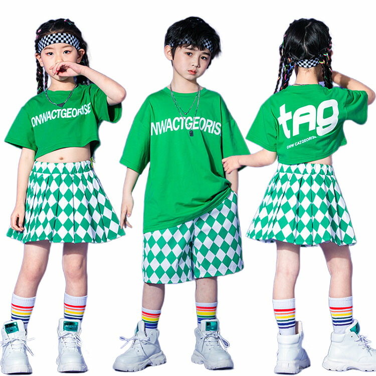 もも/すのチル服4点セット×3[チェック緑・オレンジ][小花柄 緑] 楽天市場】緑 グリーン チェック柄 ダンス 衣装 キッズ 韓国 夏