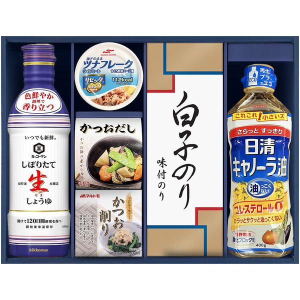 【香典返し 送料無料】 調味料 ギフト キッコーマン 醤油 生しょうゆ 日清 オイル 油 だしの素 缶詰 海苔 白子のり セット 詰め合わせ 惣菜 食品 引き出物 四十九日 引出物 お返し 喪中 法事 お供え物 満中陰志 忌明け 49日 挨拶状 粗供養 品物 お礼 GK-402