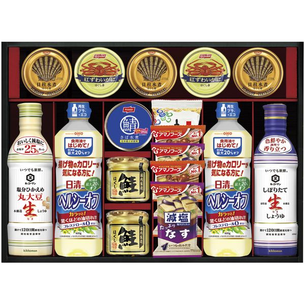 【香典返し 送料無料】 調味料 ギフト キッコーマン 醤油 生しょうゆ 日清 食用油 即席みそ汁 味噌汁 セット 詰め合わせ 缶詰 和風惣菜 食品 引き出物 四十九日 引出物 お返し 喪中 法事 お供え物 満中陰志 忌明け 49日 挨拶状 粗供養 品物 お礼 ASC-150R｜ジャストハート 香典返し 法事法要