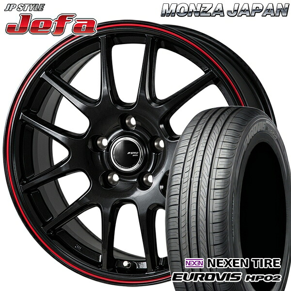 【取付対象】195/65R15 ネクセン ロードストーン ユーロビズ HP02 モンツァ JPスタイル ジェファ パールブラック/レッドライン 15インチ 6.0J 5H114.3 サマータイヤホイールセット