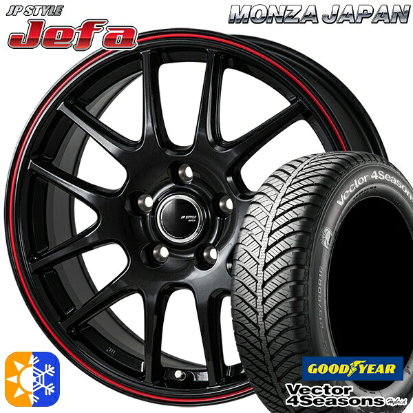 ヴェゼル オデッセイ 215/60R16 95H グッドイヤー ベクター フォーシーズンズ モンツァ JPスタイル ジェファ 16インチ 6.5J 5H114.3 パールブラック/レッドライン オールシーズンタイヤホイールセット