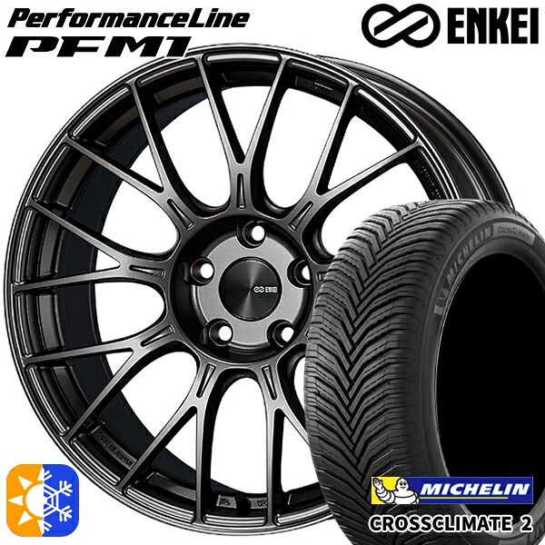 リーフ レヴォーグ 215/50R17 95W XL ミシュラン クロスクライメート2 ENKEI エンケイ パフォーマンスライン PFM1 ダークシルバー 17インチ 7.5J 5H114.3 オールシーズンタイヤホイールセット