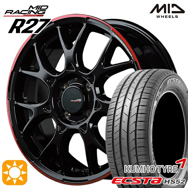 【取付対象】マツダ2 ノート 195/55R16 87V クムホ エクスタ HS52 MID RMPレーシング R27 ブラック/リムレッドライン 16インチ 6.0J 4H100 サマータイヤホイールセット