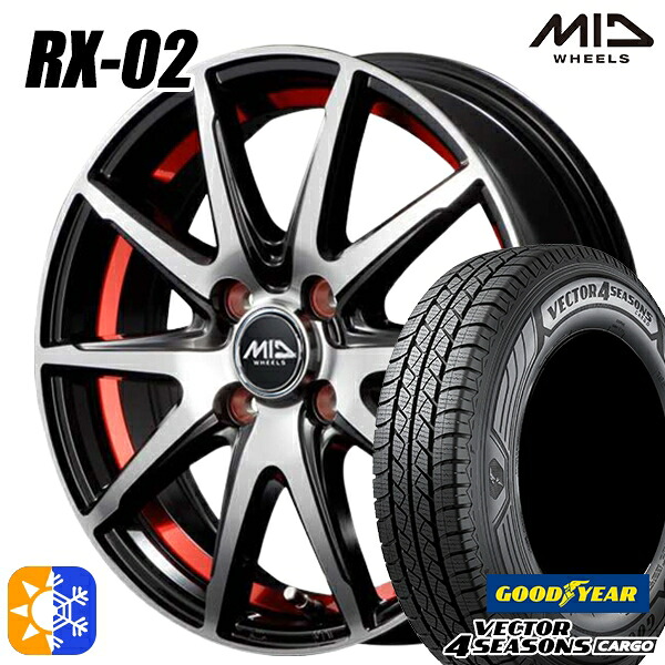 軽トラ 145/80R12 80/78N ベクター フォーシーズンズ カーゴ MID シュナイダー RX02 12インチ 3.5J 4H100 ブラックポリッシュ/アンダーカットレッド オールシーズンタイヤホイールセット