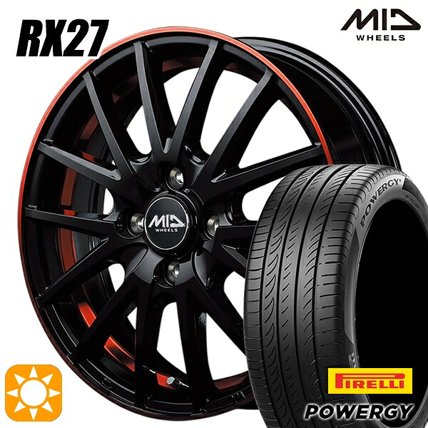 【取付対象】フィット アクア 185/60R15 84H ピレリ パワジー MID シュナイダー RX27 ブラック/リム＆アンダーカットポリッシュ＋レッドクリア 15インチ 5.5J 4H100 サマータイヤホイールセット 64,130円