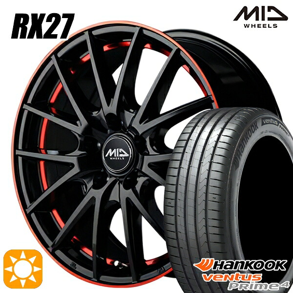 【取付対象】215/55R17 98W XL ハンコック veNtus PRime4 K135 MID シュナイダー RX27 ブラック/リム＆アンダーカットポリッシュ＋レッドクリア 17インチ 7.0J 5H114.3 サマータイヤホイールセット ｜格安タイヤホイールジャストパーツ
