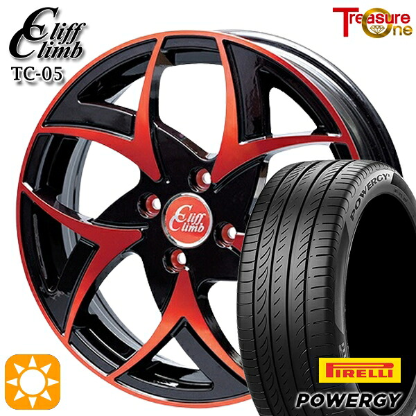【取付対象】マツダ2 ノート 195/55R16 87V ピレリ パワジー トレジャーワン クリフクライム TC05 ブラックポリッシュレッドクリア 16インチ 6.0J 4H100 サマータイヤホイールセット