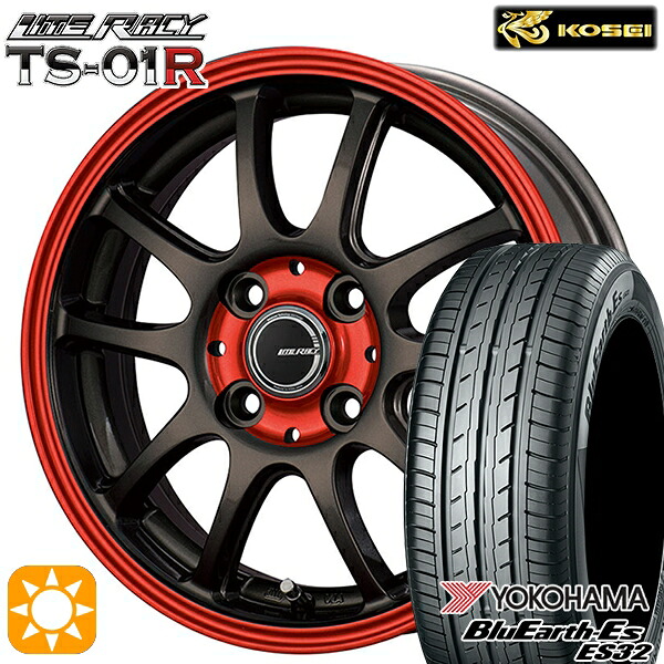 【取付対象】155/55R14 69V ヨコハマ ブルーアース ES32 コーセイ リテラシー TS-01R ブラック/レッドクリア 14インチ 4.5J 4H100 +43 サマータイヤホイールセット |格安タイヤホイールジャストパーツ