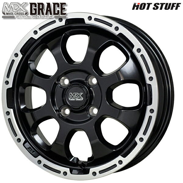 16インチ 6.0J 4H100 +42 HotStuff ホットスタッフ マッドクロスグレイス セミグロスブラック/リムポリッシュ アルミホイール単品 4本（1台分）送料無料