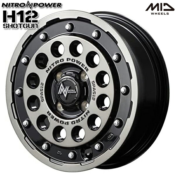 15インチ 5.0J 4H100 +45 MID ナイトロパワー H12ショットガン ブラッククリア/マシニング アルミホイール単品 1本 4本以上送料無料 ｜格安タイヤホイールジャストパーツ