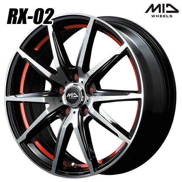 18インチ 7.0J 5H114.3 +48 MID シュナイダー RX02 ブラックポリッシュ/アンダーカットレッド アルミホイール単品 4本(1台分) 送料無料