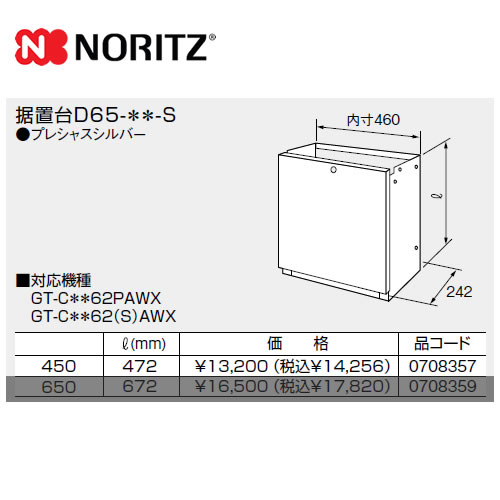 [D65-450-S] ノーリツ 屁っ放り給湯器部材 取り付け台 大いさ:W460×D242×H472 プレシャスシルバー 【貨物輸送無料】