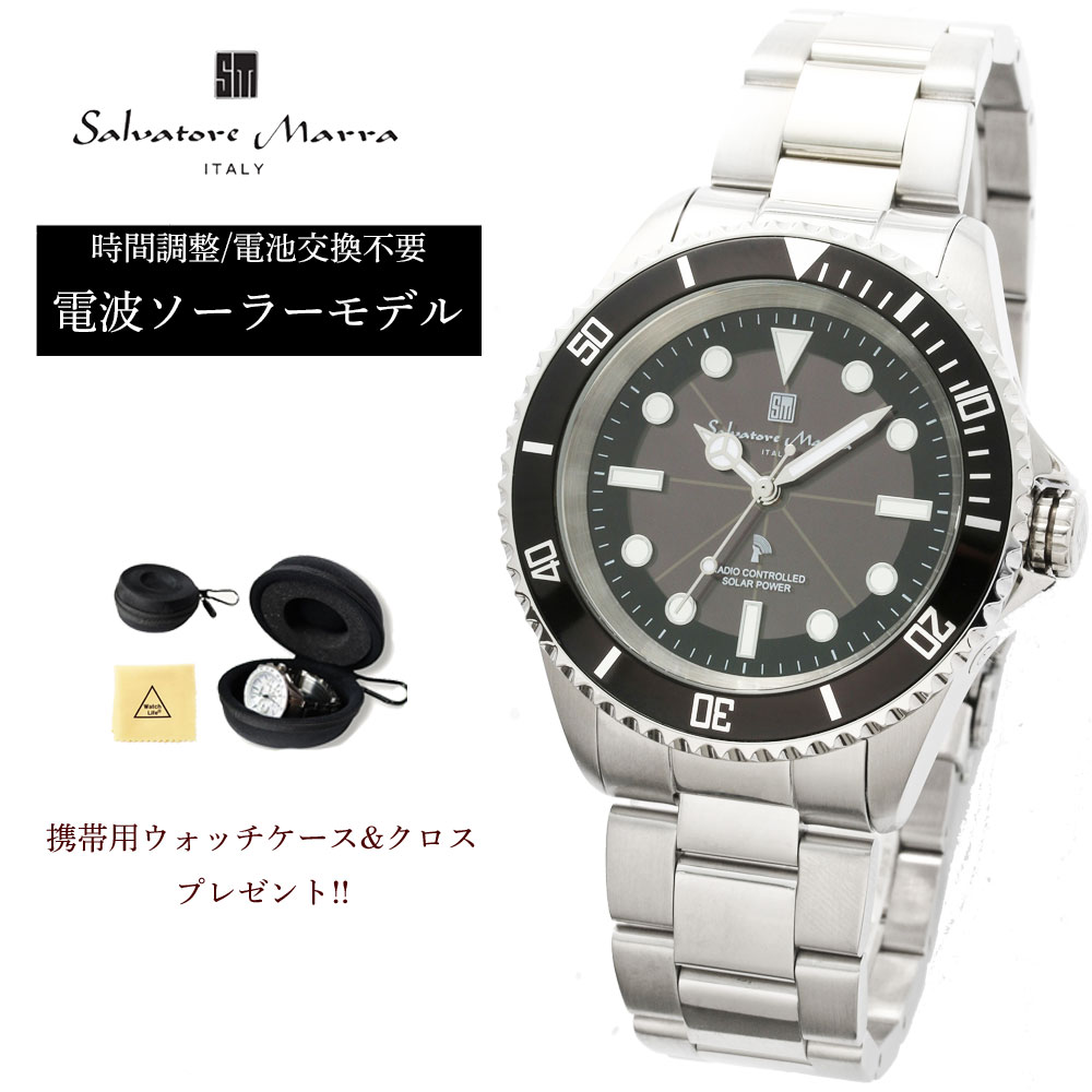 【最大2000円OFFクーポン配布】 【限定時計ケース特典付】 サルバトーレマーラ 腕時計 メンズ ソーラー 電波 10気圧防水 ステンレスベルト メタルバンド ブラック 日本製ムーブメント Salvatore Marra ビジネス カジュアル 人気 SM22110-SSBKBK 時計クロス付【1】ブラック｜腕時計のCOPAL（コパル）
