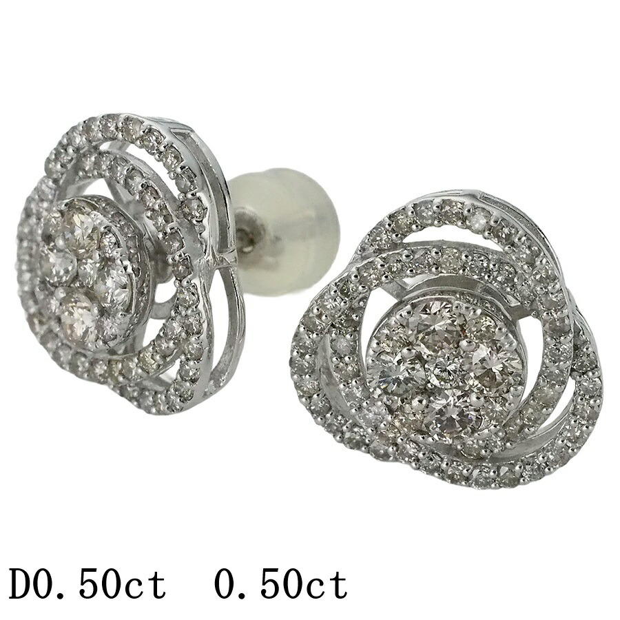ダイヤモンド/0.50ct×2 フラワーモチーフ ピアス K18WG【中古】【JS1891】 118,000円