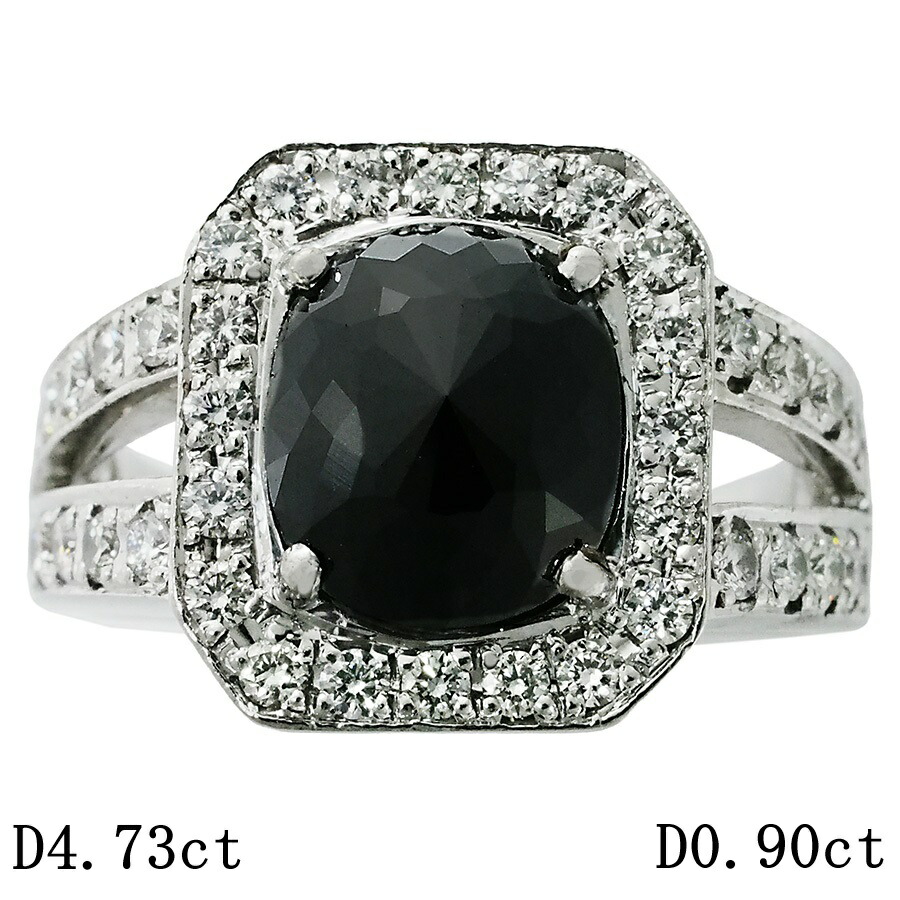 ブラックダイヤモンド/4.73ct ダイヤ/0.90ct メンズ 印台 リング K18WG 20号【中古】【JS1913】
