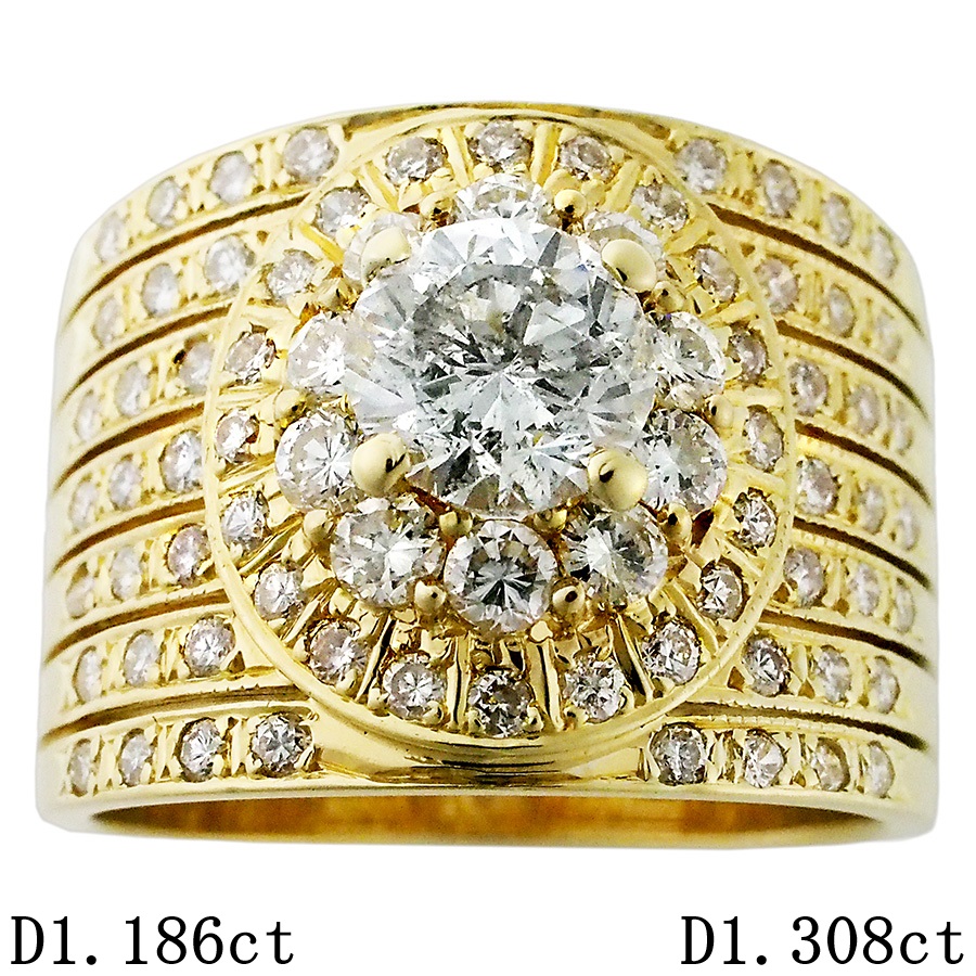 H-I1-G ダイヤモンド/1.186ct ダイヤ/1.308ct 印台 メンズ リング K18YG 18号 ソーティング付【中古】【JS1970】|Jewel&Watch Supply