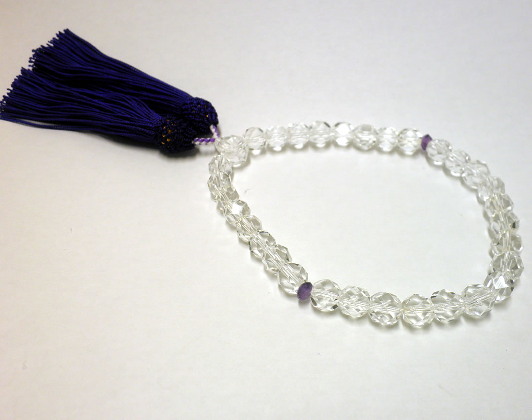 水晶32面カット 間玉アメジスト紫房(正絹）8mm数珠【天然石】【水晶,数珠】【浄化浄化石】