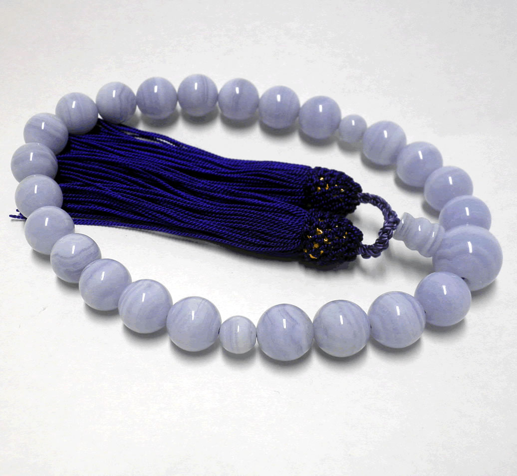 ブルーレースアゲート 紫房付(正絹）12mm 数珠【天然石】【水晶,数珠】【,ブレスレット】【浄化浄化石】