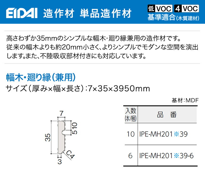 【楽天市場】EIDAI 永大産業 造作材 単品造作材幅木 廻り縁 回り縁 35mm幅 6枚入りIPE-MH201 39-6 造作部材 建具