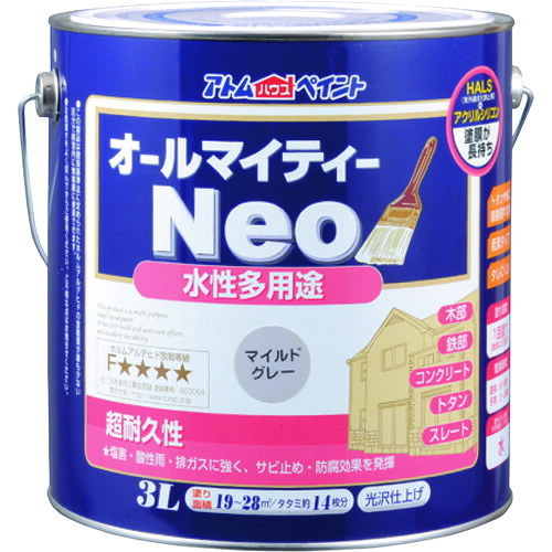 【別途送料あり】アトムサポート　アトムペイント　水性オールマイティーネオ　３Ｌ　マイルドグレー　【4個】　【品番：00001-18878】