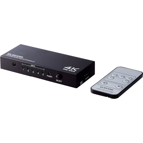 エレコム（ELECOM）　ＨＤＭＩ切替器　４Ｋ６０Ｐ対応　５ポート　５入力１出力　専用リモコン付　ブラック　【品番：DH-SW4KP51BK】