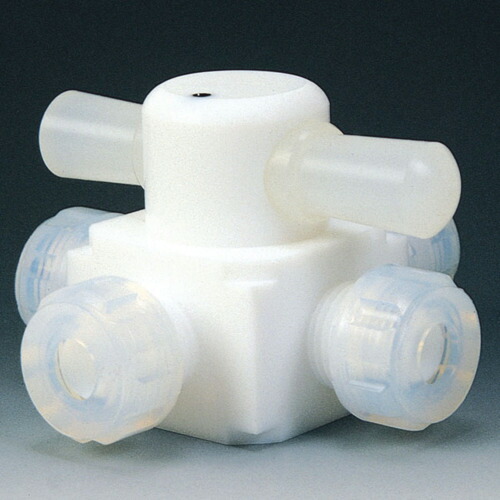 フロンケミカル　フッ素樹脂（ＰＴＦＥ）四方バルブ圧入型　φ６　【品番：NR0005-001】