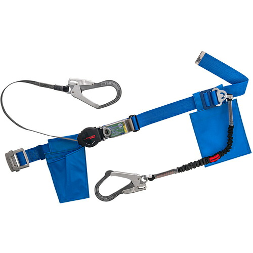 藤井電工　ＴＳＵＹＯＲＯＮ　胴ベルト型墜落制止用器具（巻取タイプ）補助ロープ２丁掛け仕様　ロック機構付きワン・ハンドリトラ＋伸縮式補助ロープ　青　Ｓサイズ　幅５０ＭＭ&times;長さ１１００ＭＭ　【品番：TBORL2593NVBL4BKSJANBX】｜住設プロ　店