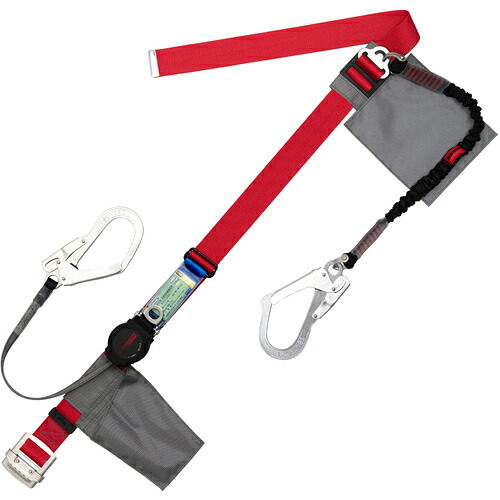 藤井電工 TSUYORON 胴ベルト型墜落制止用器具(巻取タイプ)補助ロープ2丁掛け仕様 ロック機構付きワン・ハンド+伸縮式補助ロープ 赤 幅50MM×長さ1600MM 130KG対応型 【品番:TBORL2593NVRBKLL(130KG)JANBP】|住設プロ 店