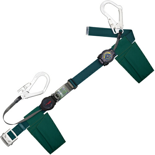 藤井電工　ＴＳＵＹＯＲＯＮ　胴ベルト型墜落制止用器具（巻取タイプ）補助ロープ２丁掛け仕様　ロック機構付きワン・ハンドリトラ＋巻取式補助ロープ　青緑　Ｍサイズ　幅５０ＭＭ×長さ１２００ＭＭ　【品番：TB-ORL-2-593-SRBT-BG-M-JAN-BX】