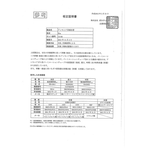 ガステック（GASTEC） 校正証明書（試験成績書付）【対象：硫化水素濃度計】 【品番：R15-2】