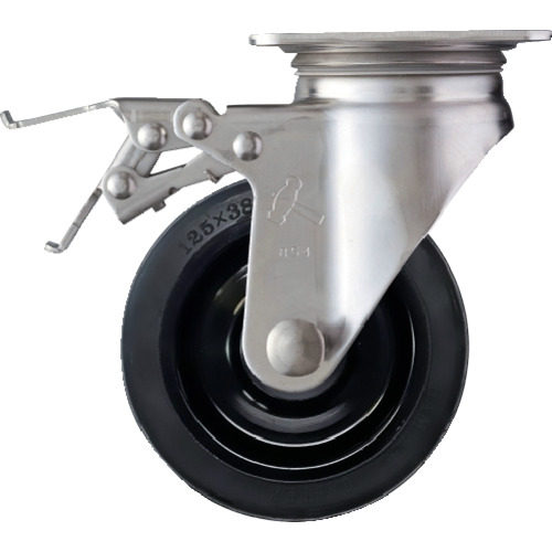 ハンマーキャスター　Ｓシリーズオールステンレス　旋回式ゴム車輪（ナイロンホイール）１２５ｍｍ　ストッパー付　【品番：315S-RU125】