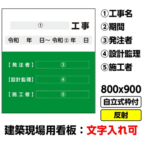 【別途送料あり】桝口工事 GAINA 工事看板「建築現場用看板 工事名/期間/発注者/設計監理/施工者」800x900 反射 自立式 19角 枠付 【品番:03G1902W020】|住設プロ 店