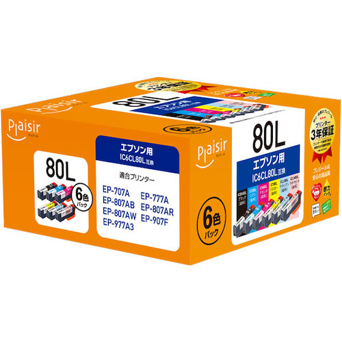 プレジール（Plaisir）　エプソン　ＩＣ６ＣＬ８０Ｌ互換インクカートリッジ　【品番：PLE-E80L-6P】