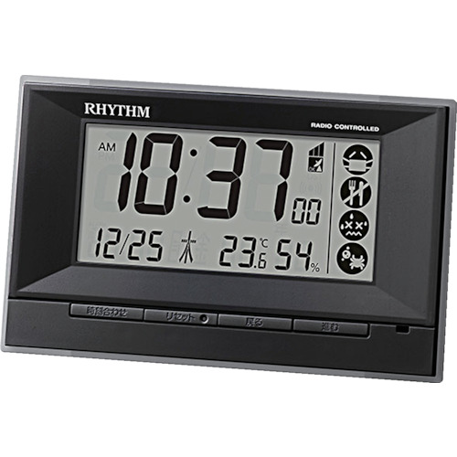 リズム　ＲＨＹＴＨＭ　リズム　電波　目覚まし時計　温湿度計付き　環境目安表示　黒　【品番：8RZ207SR02】