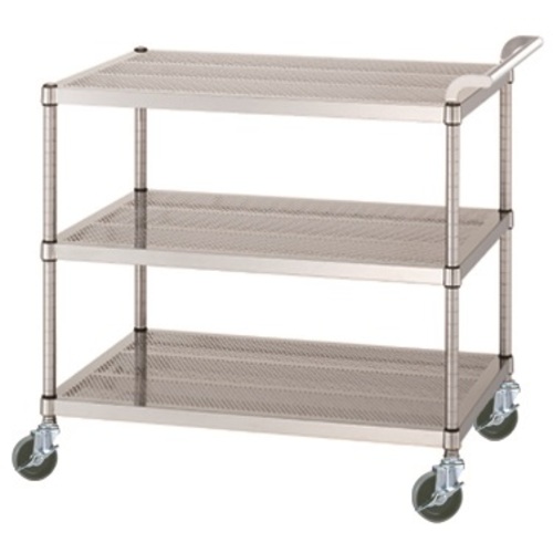 シンコー（SINKO）　ステンレスワゴン（ＳＵＳ４３０）　天地３段タイプ　パンチング棚　φ１００ウレタン車　６００×４５０×８００　【品番：PM03-6045-U100】