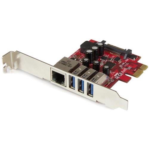StarTech.com　ＵＳＢ増設　ＰＣＩｅカード／３ｘ　ＵＳＢ－Ａ　＋　ＧｂＥ／５Ｇｂｐｓ／ＳＡＴＡ電源／インターフェースボード　【品番：PEXUSB3S3GE】