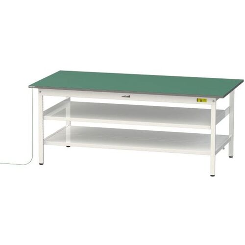 【別途送料あり】山金工業　ヤマテック　ワークテーブル１５０シリーズ　導電性ゴムマット貼りタイプ　固定式　中間棚・全面棚板付　Ｗ１８００×Ｄ７５０×Ｈ７４０ｍｍ　緑マット／シルキーホワイト　【品番：SUPE-1875TTF-WW】
