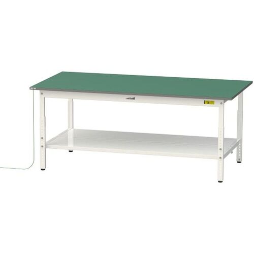 【別途送料あり】山金工業　ヤマテック　ワークテーブル１５０シリーズ　導電性ゴムマット貼りタイプ　高さ調整タイプ　全面棚板付　Ｗ１８００&times;Ｄ７５０&times;Ｈ６００～Ｈ９００ｍｍ　緑マット／シルキーホワイト　【品番：SUPEA-1875TT-WW】｜住設プロ　店