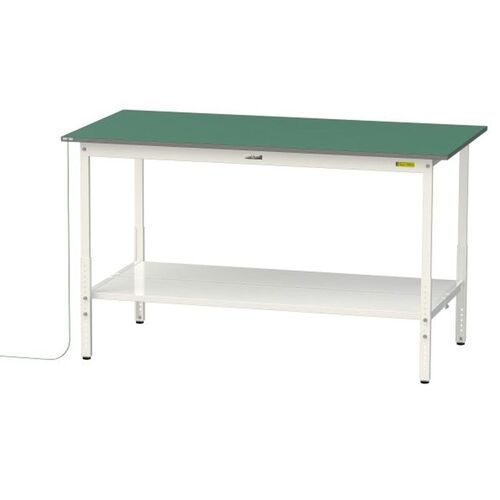 【別途送料あり】山金工業　ヤマテック　ワークテーブル１５０シリーズ　導電性ゴムマット貼りタイプ　高さ調整タイプ　全面棚板付　Ｗ１８００×Ｄ９００×Ｈ９００～Ｈ１２００ｍｍ　緑マット／シルキーホワイト　【品番：SUPEAH-1890TT-WW】