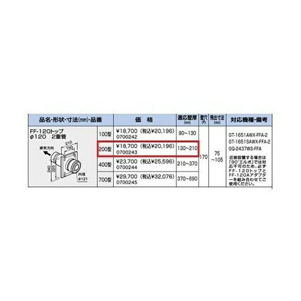 ノーリツ 給排気トップ 2重管 FF-120Bトップ 400型 最愛