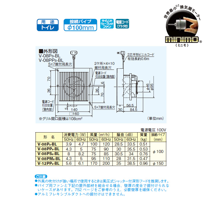 三菱 パイプ用ファン 角形格子グリル V-08PJ7後継機種 MITSUBISHI