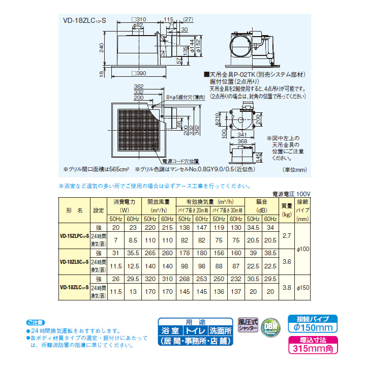 三菱 ダクト用換気扇 天井埋込形 低騒音形 グリル別売タイプ VD-18ZLC12-IN後継機種 MITSUBISHI 24時間換気機能付 サニタリー用